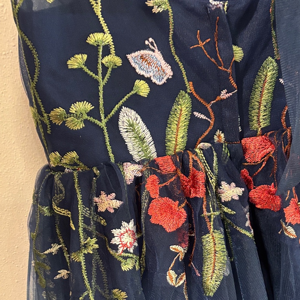 Floral Embroidered Navy Blue Kids Dress - Picture 3 of 4